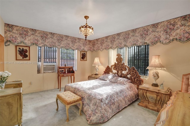 bedroom with a notable chandelier, carpet, and cooling unit