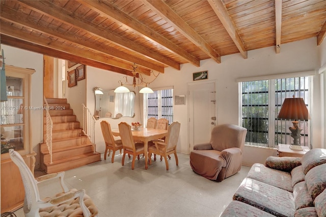 living room featuring wood ceiling and beam ceiling