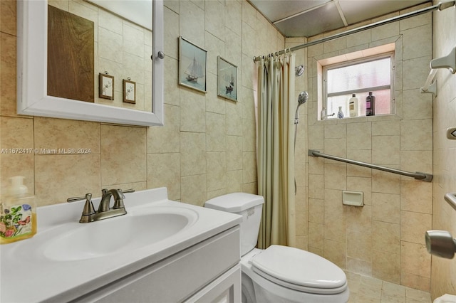 bathroom with tasteful backsplash, toilet, tile walls, a shower with curtain, and vanity