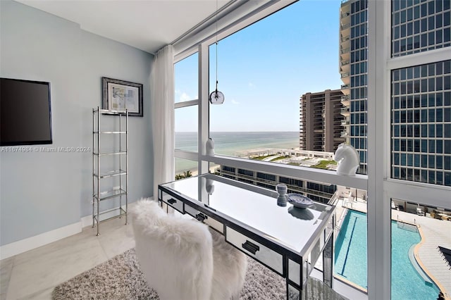 bathroom with a water view