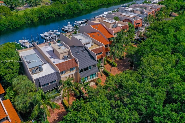 bird's eye view with a water view