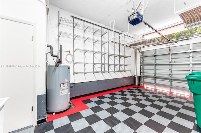 garage with a garage door opener and water heater