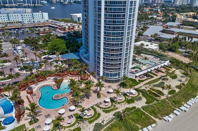 bird's eye view featuring a water view