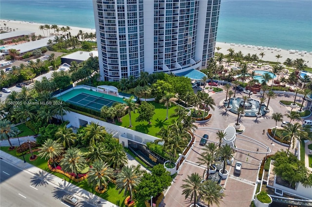 aerial view featuring a water view and a beach view