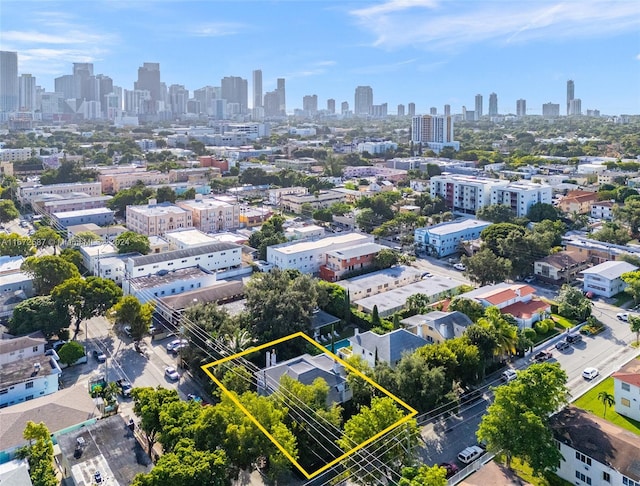 405 SW 11th Ave, Miami, FL 33130 - aerial view of property and surrounding area featuring city skyline and property boundaries highlighted