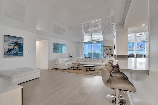 living room with a high ceiling and hardwood / wood-style floors