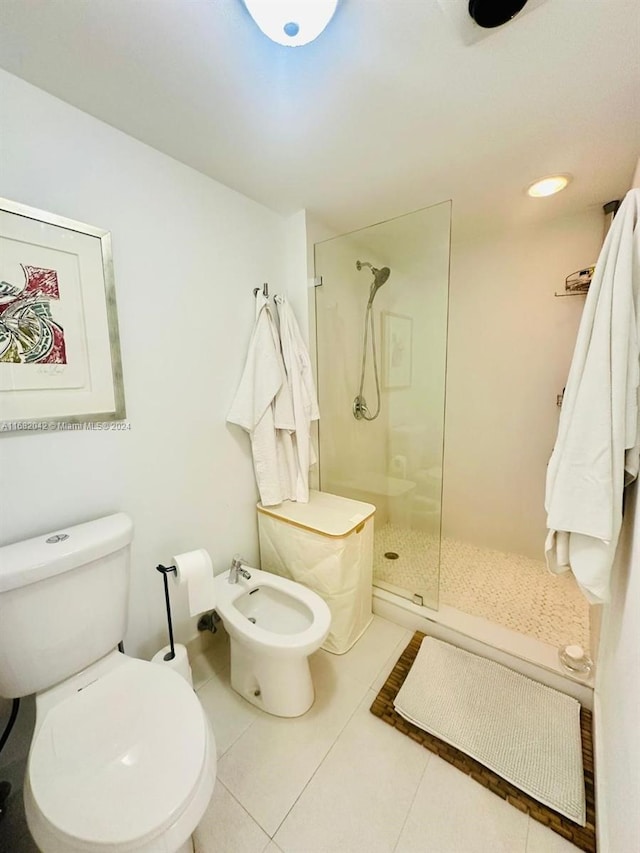 bathroom featuring toilet, walk in shower, a bidet, and tile patterned flooring