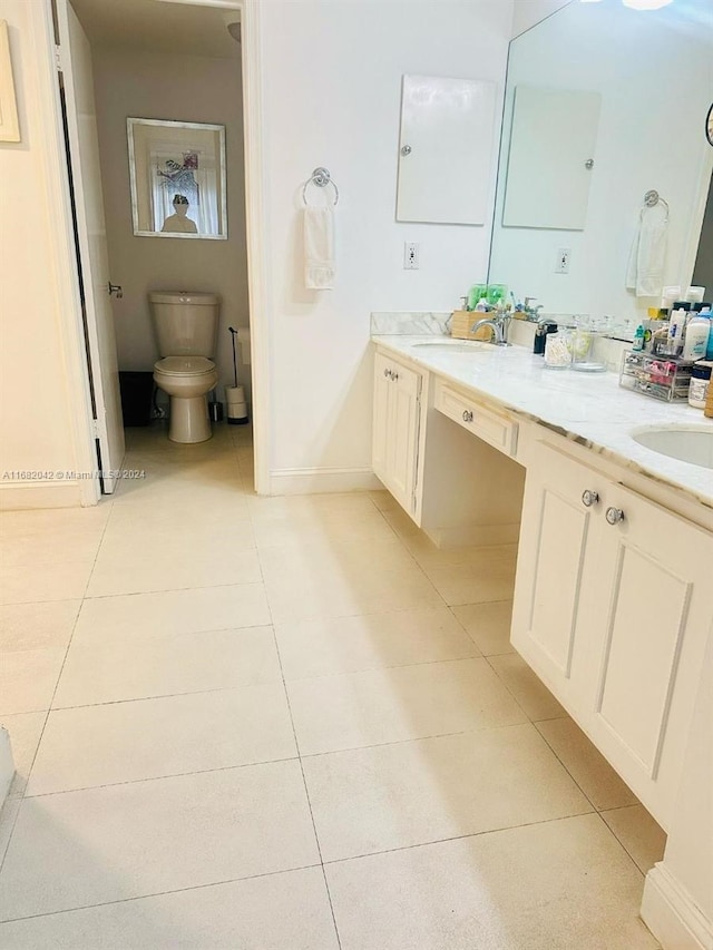 bathroom featuring vanity, toilet, and tile patterned flooring