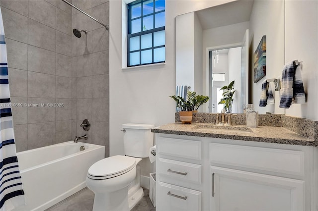 full bathroom with toilet, shower / bath combo with shower curtain, and vanity