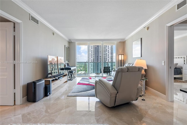 living room with crown molding, a textured ceiling, and a wall of windows