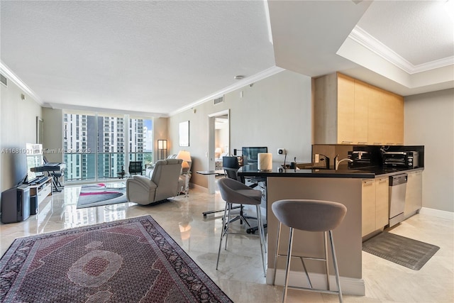 kitchen featuring floor to ceiling windows, light brown cabinetry, a breakfast bar area, crown molding, and dishwasher