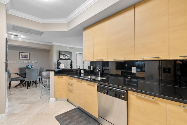 kitchen with light brown cabinetry, sink, dark stone countertops, stainless steel dishwasher, and crown molding