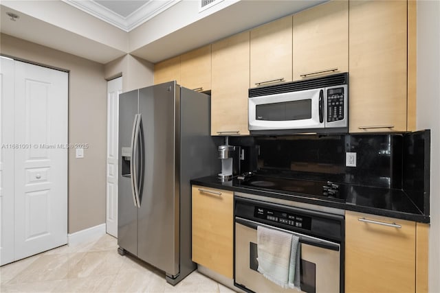 kitchen with backsplash, light brown cabinets, ornamental molding, and appliances with stainless steel finishes