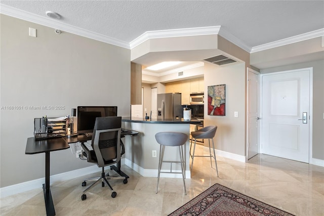 office with ornamental molding and a textured ceiling