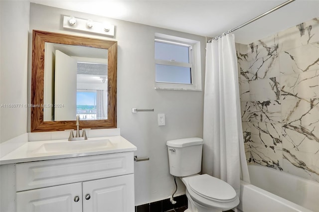 full bathroom featuring toilet, shower / bath combo, and vanity