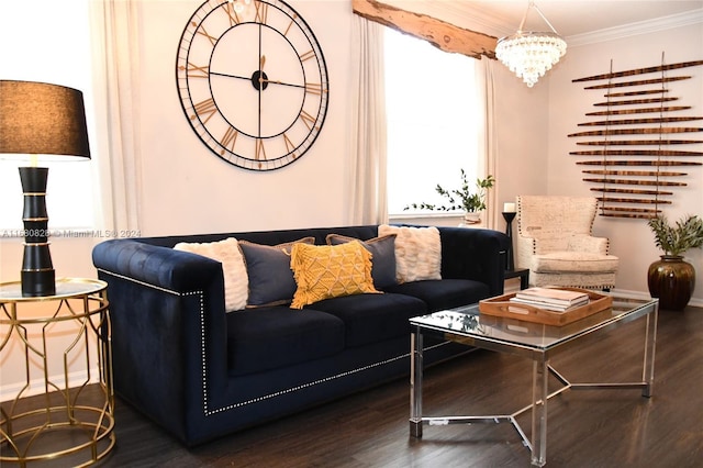 living room with a notable chandelier, ornamental molding, and dark wood-type flooring