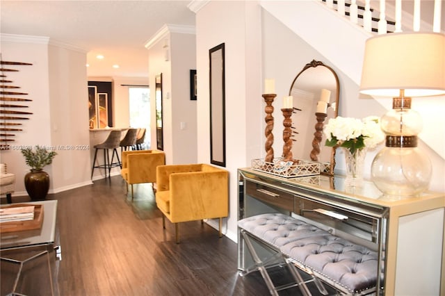 interior space with crown molding and dark wood-type flooring