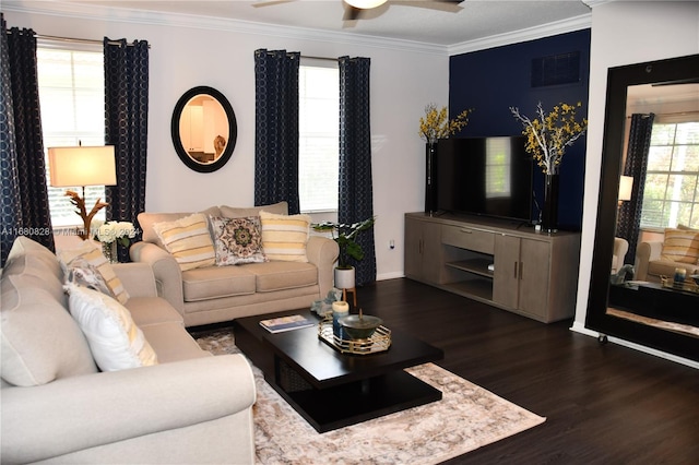 living room featuring dark hardwood / wood-style floors, ceiling fan, plenty of natural light, and ornamental molding