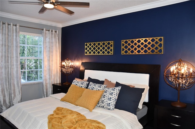 bedroom featuring crown molding and ceiling fan with notable chandelier