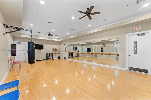 exercise area with ceiling fan and wood-type flooring