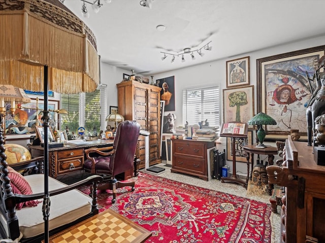 home office featuring rail lighting and light carpet