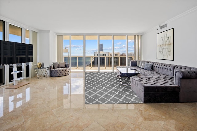 living room with ornamental molding, plenty of natural light, and floor to ceiling windows