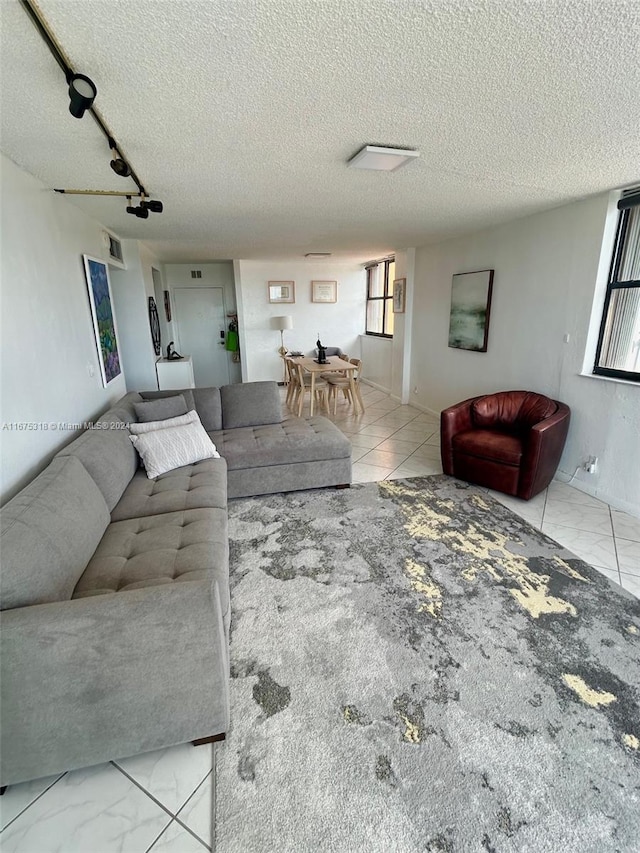 living room featuring plenty of natural light, rail lighting, and a textured ceiling