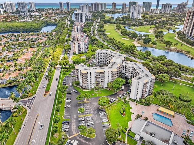 bird's eye view with a water view