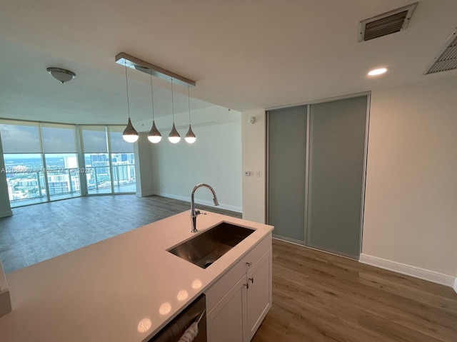 kitchen with hardwood / wood-style floors, sink, white cabinetry, and floor to ceiling windows