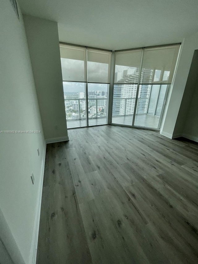 spare room with light wood-type flooring, plenty of natural light, and a wall of windows