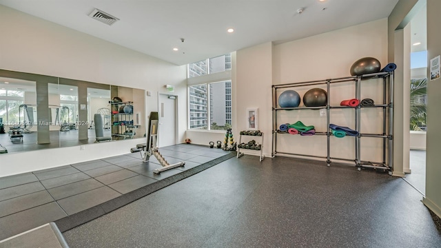 exercise room featuring a wealth of natural light and a towering ceiling