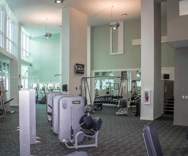 workout area with dark colored carpet and a towering ceiling