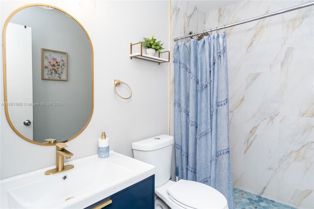 bathroom featuring toilet, vanity, and a shower with shower curtain