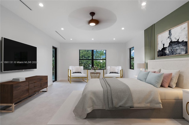 bedroom featuring access to outside, ceiling fan, and light colored carpet