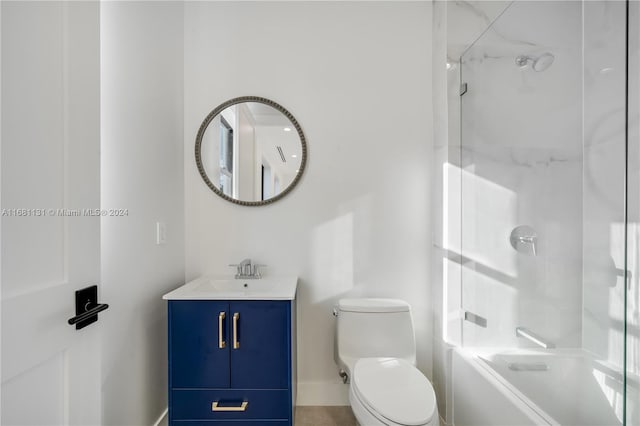 full bathroom with vanity,  shower combination, and toilet