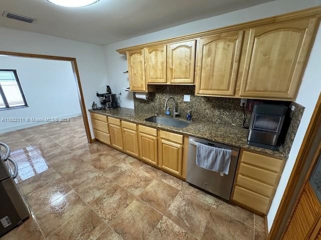 kitchen featuring dark stone countertops, decorative backsplash, sink, and stainless steel dishwasher