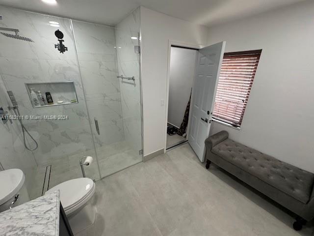 bathroom with vanity, toilet, and walk in shower