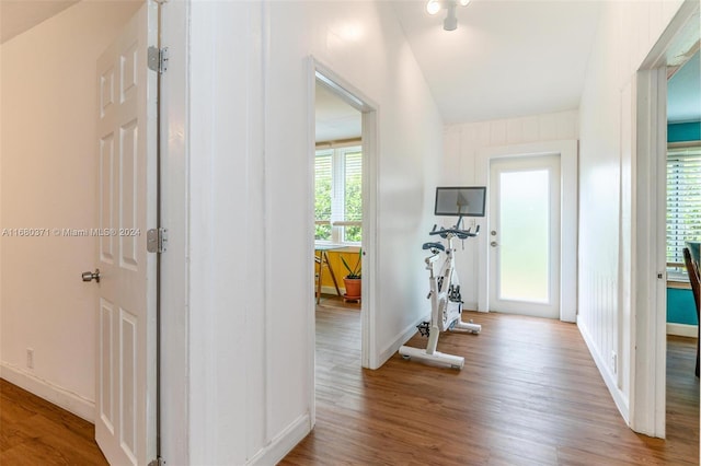 hallway featuring a healthy amount of sunlight, light wood-type flooring, and vaulted ceiling