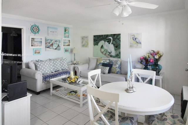 tiled living room with crown molding and ceiling fan