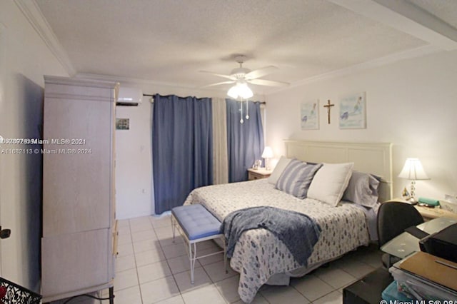 bedroom featuring light tile patterned flooring, a wall mounted air conditioner, a textured ceiling, ceiling fan, and ornamental molding