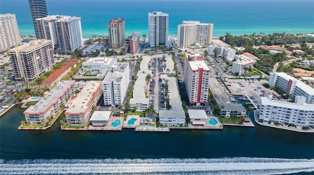 bird's eye view with a water view