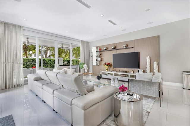 living room with ceiling fan