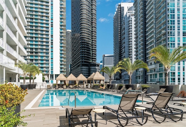 community pool with a patio area and a city view