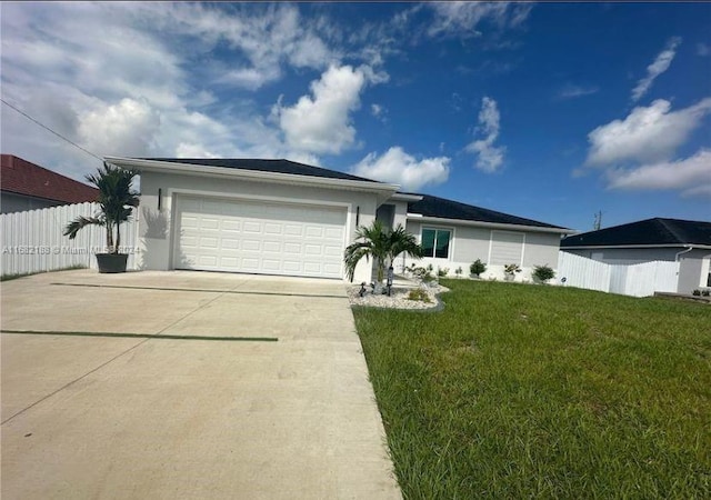 ranch-style house with a front yard and a garage