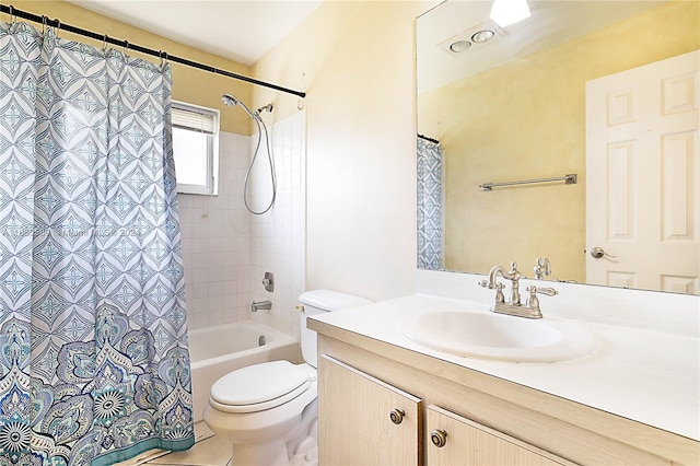 full bathroom with vanity, tile patterned flooring, toilet, and shower / bathtub combination with curtain