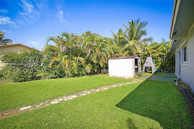 view of yard featuring a storage shed