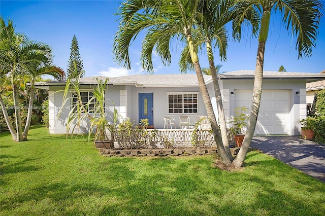 ranch-style home with a garage and a front lawn