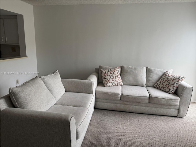 living room featuring carpet floors and a textured ceiling