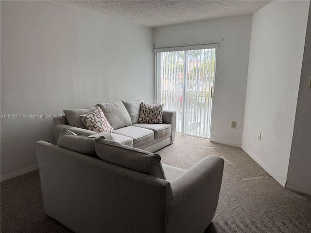 carpeted living room with a textured ceiling