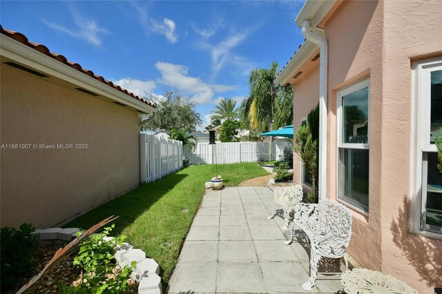 view of yard with a patio and a fenced backyard